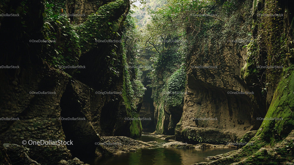 Lush Green Gorge with Flowing River and Rocky Cliffs