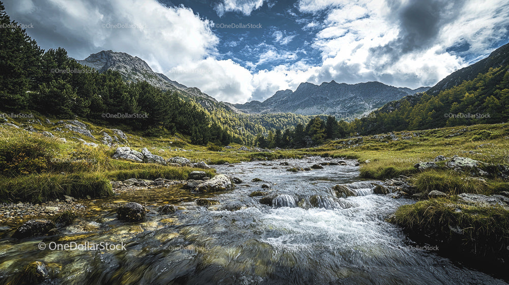 Scenic Mountain Landscape with Flowing Stream and Lush Greenery