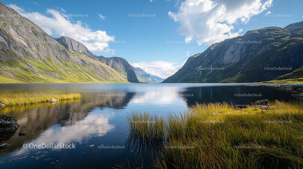 Tranquil Mountain Lake Surrounded by Lush Green Valleys