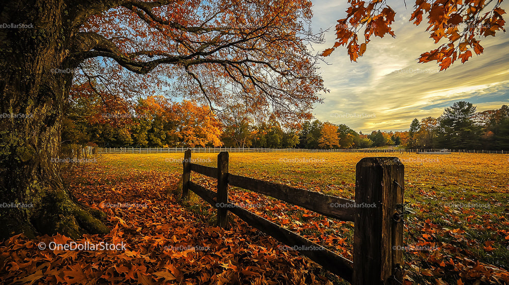 Golden Autumn Landscape with Vibrant Leaves and Rustic Fence