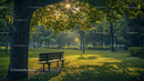 Sunlit Bench in a Tranquil Green Park Setting