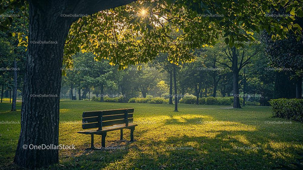 Sunlit Bench in a Tranquil Green Park Setting