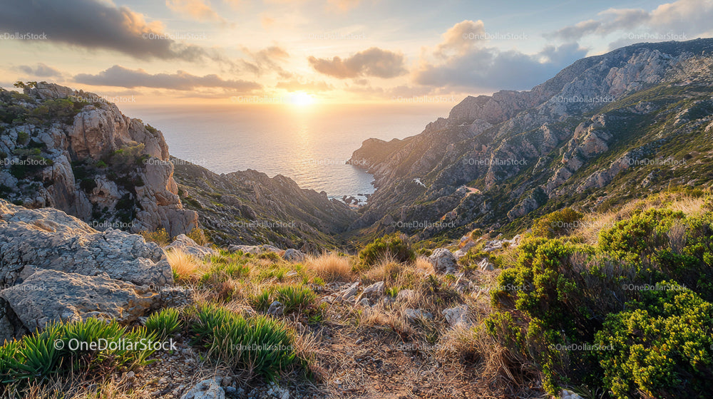 Stunning Coastal Sunset Over Rocky Cliffs and Ocean Horizon