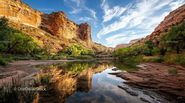 Serenity in the Red Rock Canyon with Calm River and Azure Sky