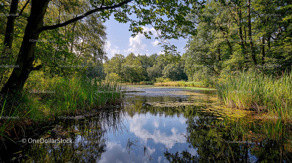 Spokojne jezioro leśne z bujną zielenią i odbijającymi się wodami