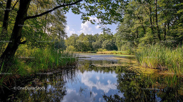 Tranquil Forest Lake with Lush Greenery and Reflective Waters