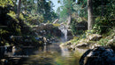 Tranquil Forest Stream with Waterfall and Lush Greenery