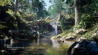 Tranquil Forest Stream with Waterfall and Lush Greenery