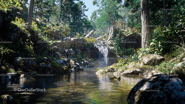 Tranquil Forest Stream with Waterfall and Lush Greenery