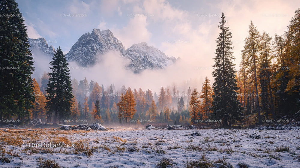 Misty Mountains and Autumnal Forest at Dawn