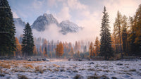 Misty Mountains and Autumnal Forest at Dawn