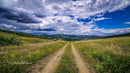 Dirt Road Leading Through the Rolling Hills Under Dramatic Skies