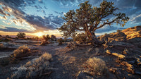 Sunset Over Desert Landscape with Twisted Tree and Rocks