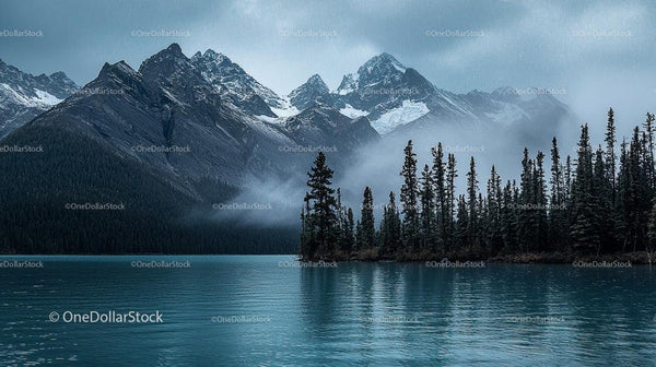 Foggy Mountain Landscape with Serene Lake and Evergreen Trees