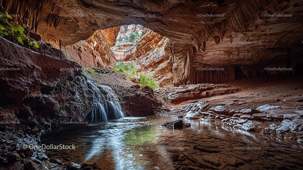 Majestic Cave with Waterfall and Sunlit Entrance