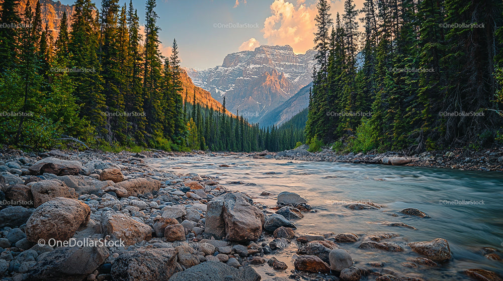 Peaceful Alpine River Flowing through Mountain Valley