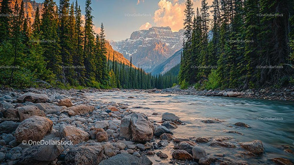 Peaceful Alpine River Flowing through Mountain Valley