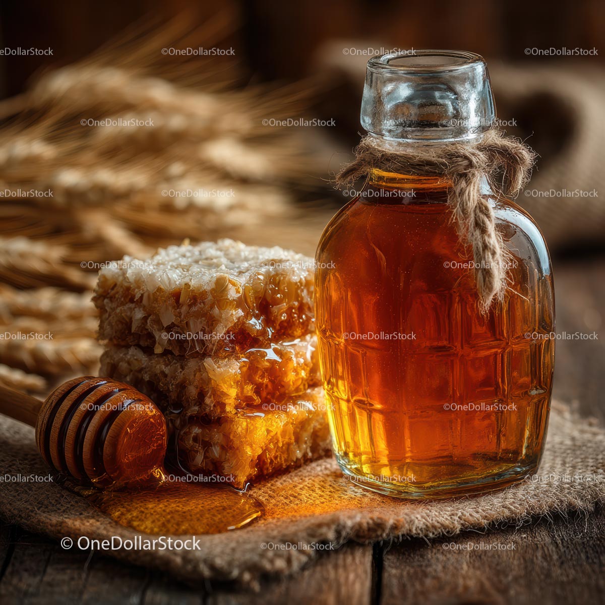 Golden Honey and Fresh Honeycomb on Rustic Burlap