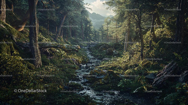 Tranquil Forest Stream through Lush Greenery