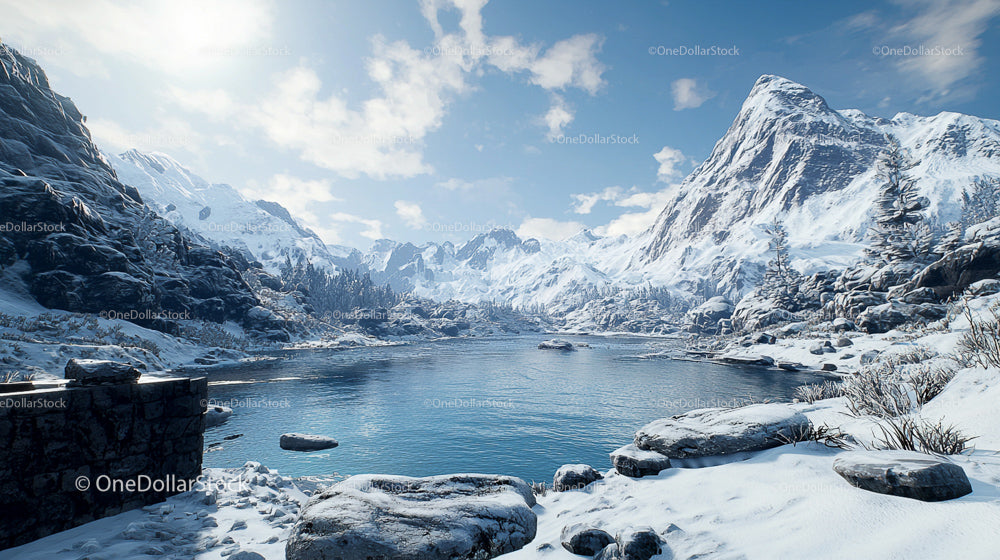 Majestic Snow-Covered Mountains and Tranquil Frozen Lake