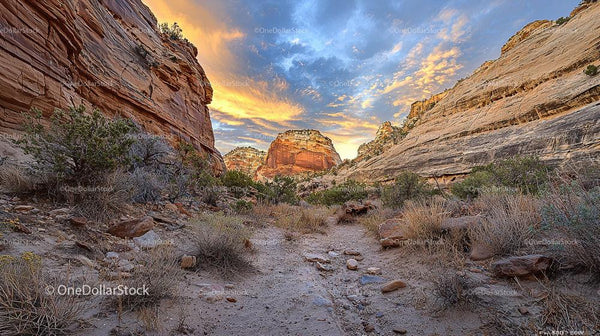 Majestic Sandstone Canyon at Sunset with Dramatic Sky