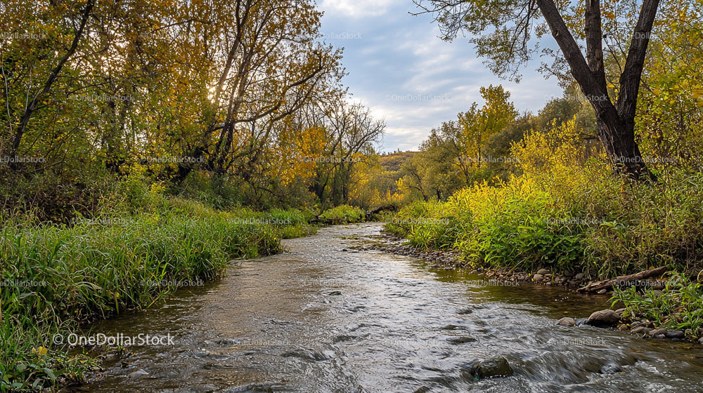 Tranquil Autumn Creek Surrounded by Vibrant Foliage