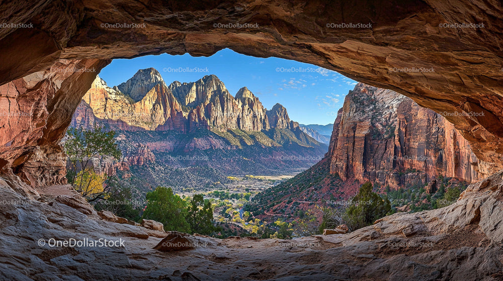 Majestic Mountain View Framed by Natural Cave Archway