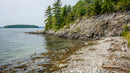 Tranquil Rocky Shoreline with Pine Trees and Serene Waters