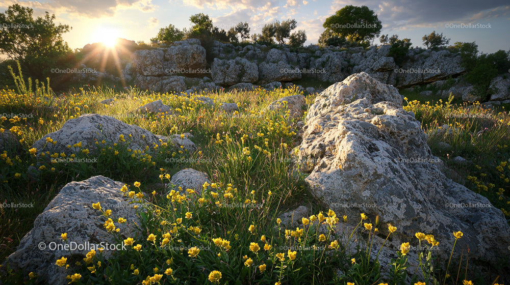 Yellow Wildflowers in Rocky Landscape at Sunset