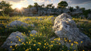 Yellow Wildflowers in Rocky Landscape at Sunset