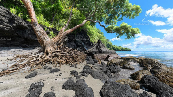 Tropical Tree Roots Along Rocky Coastal Shoreline