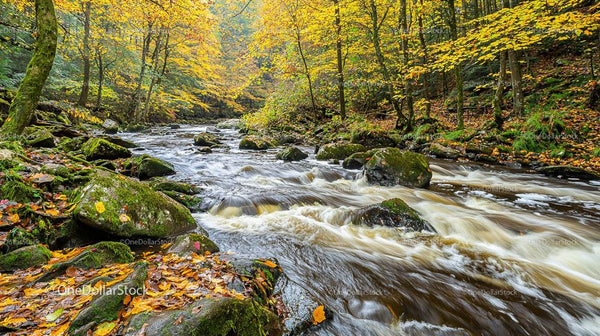 Serene Autumn River Flowing Through a Vibrant Forest