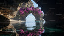 Rock Arch with Vibrant Pink Flowers Over Pristine Water