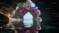 Rock Arch with Vibrant Pink Flowers Over Pristine Water