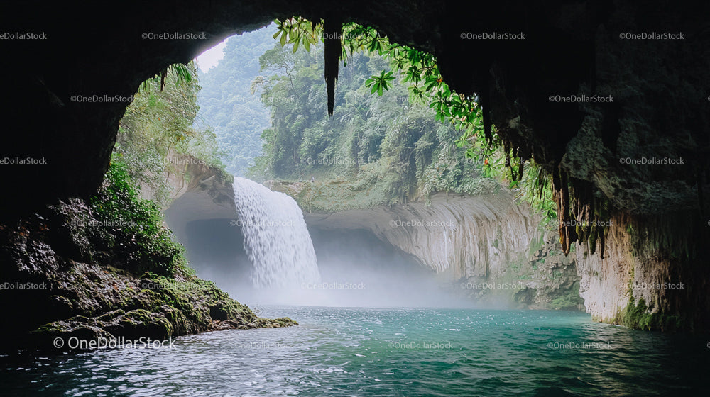 Stunning Waterfall Cascading in Lush Cave Setting