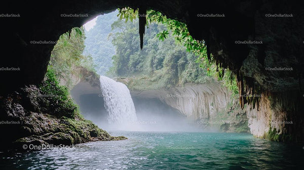 Stunning Waterfall Cascading in Lush Cave Setting