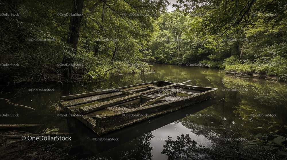 Abandoned Wooden Boat in a Tranquil Forest River