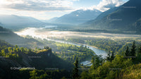 Misty Morning in a Mountain Valley with River View