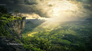 Sunlit Valley with Dramatic Clouds and Rocky Cliff