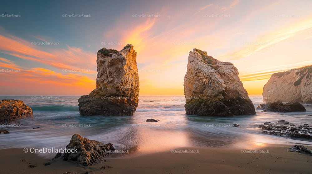 Golden Sunset Over Coastal Rock Formations