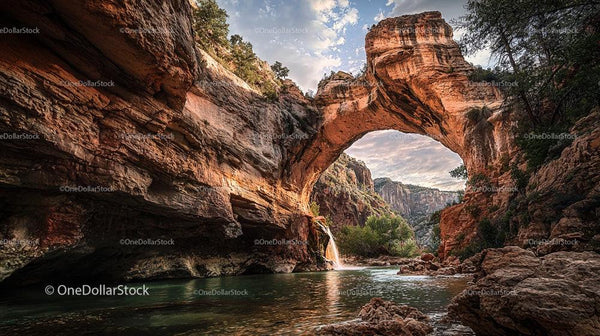 Majestic Natural Arch Over Serene Canyon River