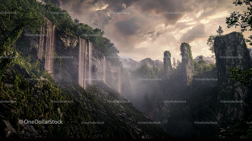 Misty Waterfalls Cascading Through Lush Verdant Cliffs