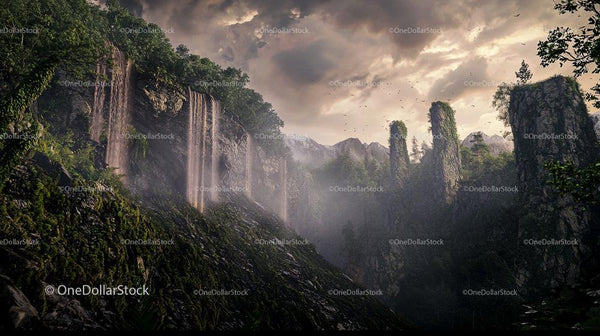 Misty Waterfalls Cascading Through Lush Verdant Cliffs