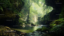Lush Forest Stream with Waterfall and Mossy Rocks