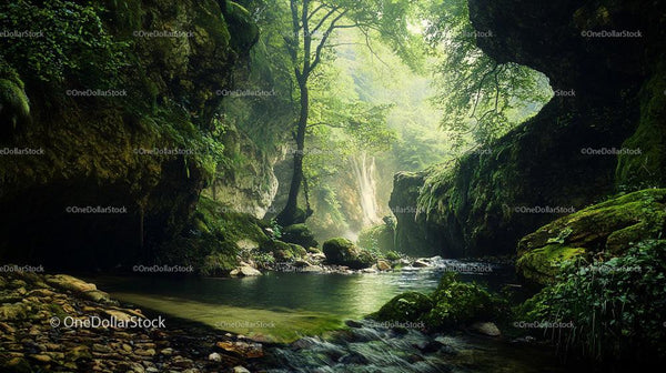 Lush Forest Stream with Waterfall and Mossy Rocks