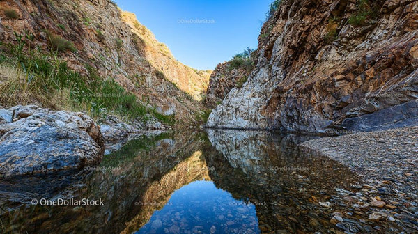 Peaceful Reflection in a Rocky Canyon with Clear Water