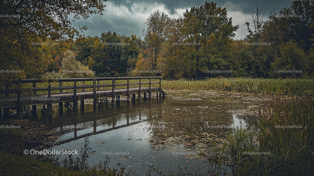 Spokojny drewniany most nad spokojnym stawem jesienią