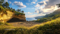 Scenic Coastal Cave with Lush Greenery and Blue Skies