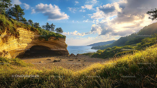 Scenic Coastal Cave with Lush Greenery and Blue Skies