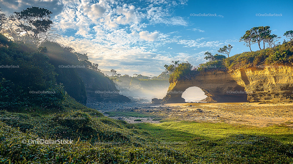 Scenic Coastal Archway with Lush Greenery and Blue Skies